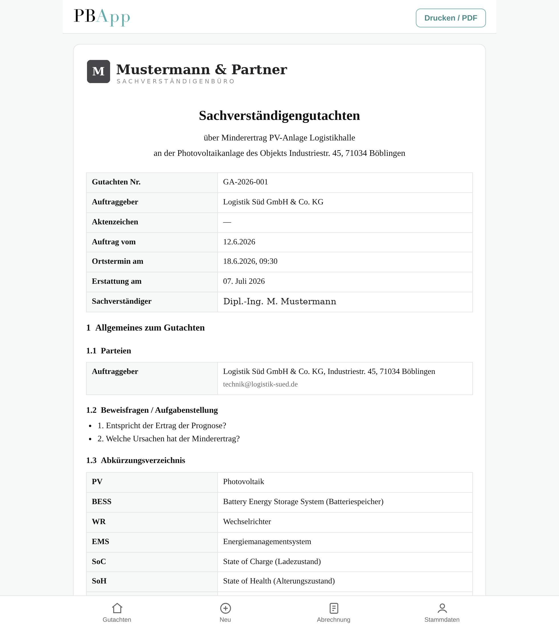 Tablet — Gutachten-Vorschau im eigenen Briefkopf